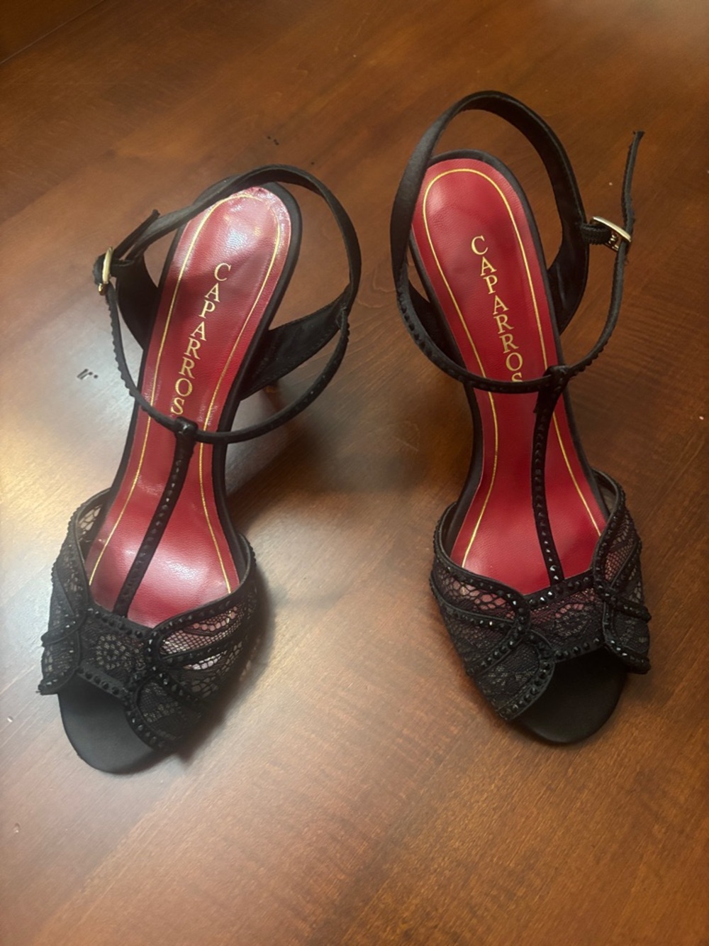 Caparros Black Lace T-Strap Heels with Red Insole
